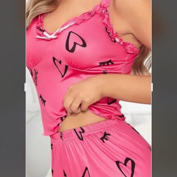 Pink Heart Pattern Tank Top and Long Pants Pajama Lounge Set - Picture 6 of 6